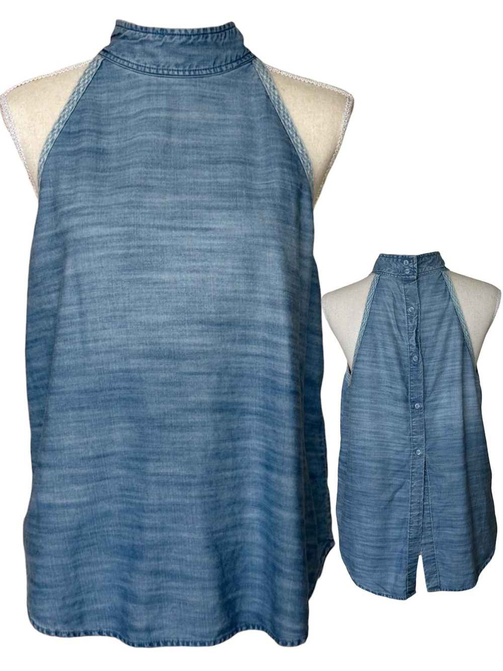 Bella Dahl Sleeveless Chambray Button-Back Halter Neck Top Denim Boho Casual